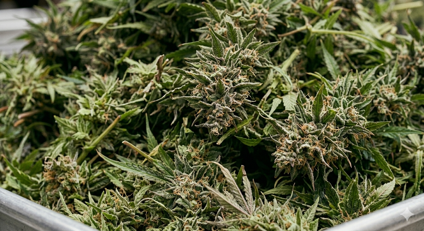 Freshly harvested cannabis flower ready for the trim room