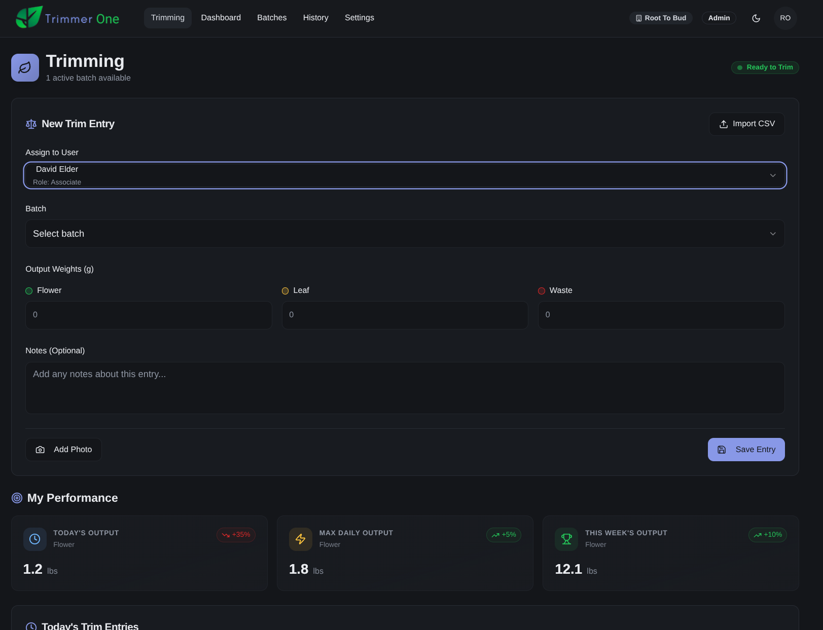 Trimmer application interface showing trim entry form and performance metrics