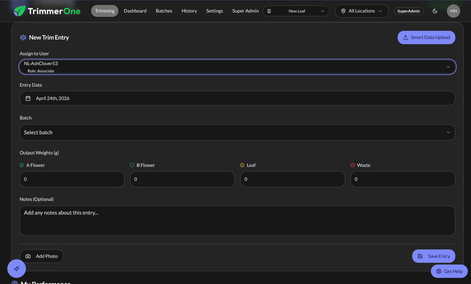 TrimmerOne new trim entry form with assigned user, entry date, batch selector, A/B flower, leaf, and waste weight inputs.