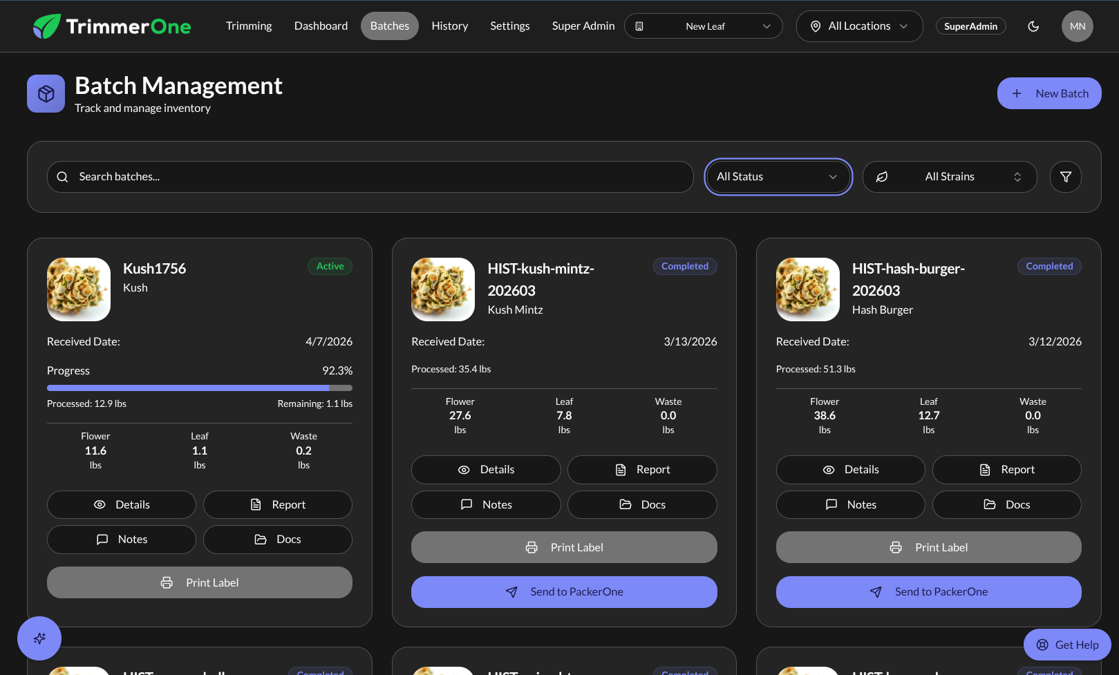 TrimmerOne batch management view showing an active Kush1756 batch at 92.3% progress with flower, leaf, and waste totals in pounds.
